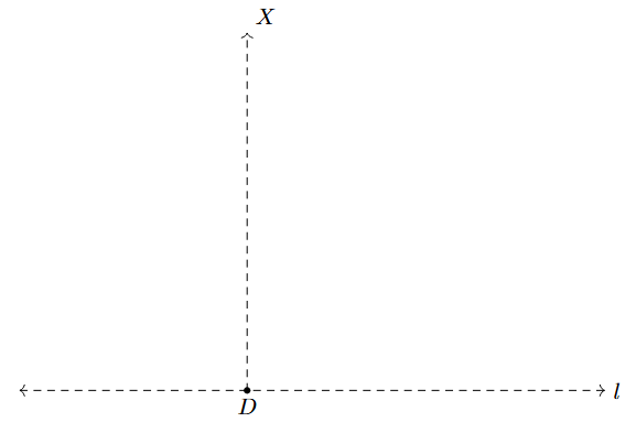 Step 2: A perpendicular DX is constructed at point D on line l.